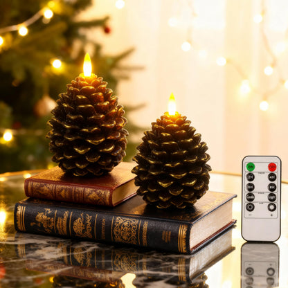 Pansyling 2pcs Flameless Pinecone Candles with Remote, Battery Operated Pine Cone Candles Real Wax Winter Decor, Flickering LED Christmas Decoration, D3.5 x H5 Inch, Brown & Gold Trim