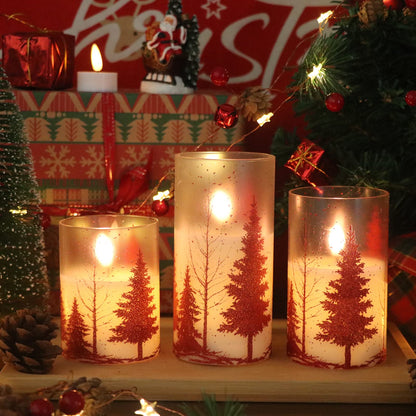 DRomance Christmas Tree Glass Flameless Candles with Remote Timer Battery Operated Real Wax 3D Wick LED Flickering Pillar Candles Christmas Holiday Decor(Red, 3 x 4,5,6 Inch)