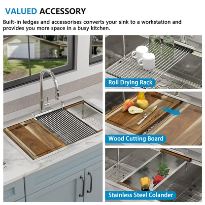 Fulorni 33"x22" Drop In Kitchen Sink Ledge Workstation – 16 Gauge 304 Stainless Steel Above Counter Deep Single Bowl Top Mount Sink Basin