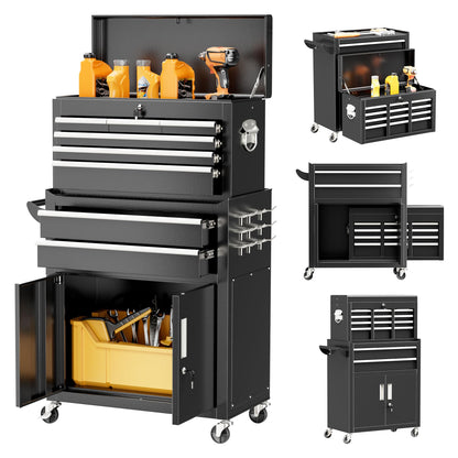 Superday Metal Tool Chest, 8 Drawer Rolling Tool Chest with Wheels, Detachable Tool Storage Cabinet with Lock for Garage, Assembled Steel Tool Cart with Liner & Hooks for Workshop, Warehouse (Black)
