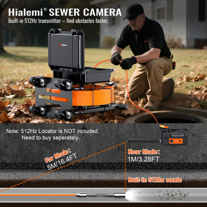 Hialemi Portable 9'' Sewer Camera with 512Hz Transmitter - 100Ft/30M Self Leveling Drain Camera & Meter Counter & 5X Zoom - 145° Plumbing Pipe Inspection Cam with Lights - 1080P IPS Screen & DVR 32GB