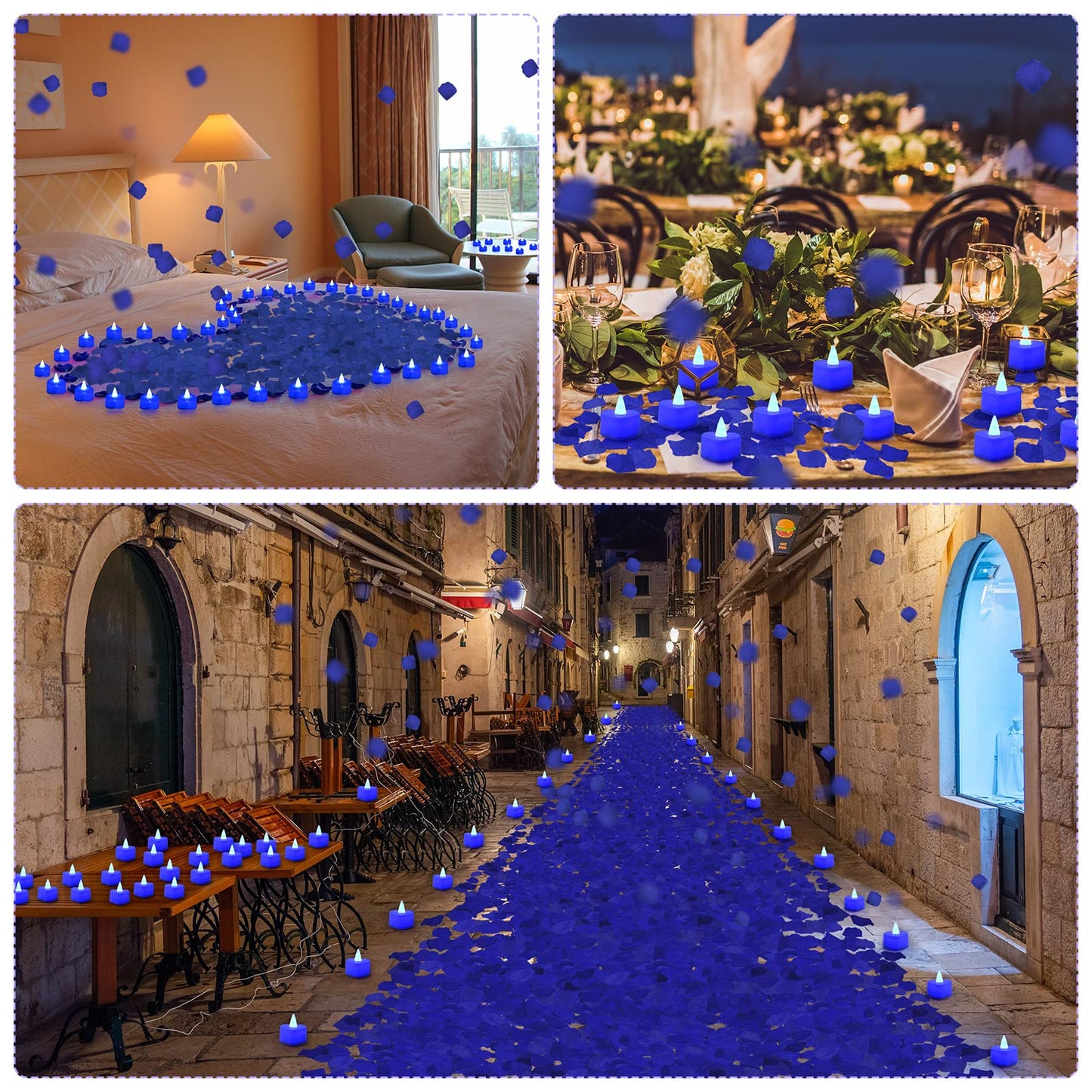Coume 6000 Pieces Artificial Rose Petal 72 Pieces LED Tealights Candle, Romantic Decorations Special Night Rose Petal Heart Candle for Valentines Wedding Anniversary Proposal Decor(Blue Light)