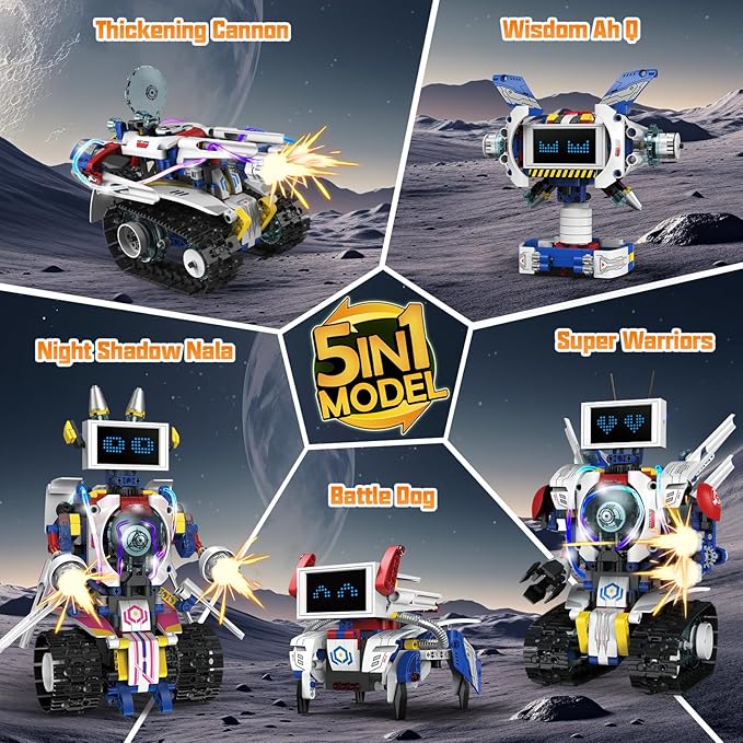 5 in 1 STEM Robot Building Kit APP &amp Remote Control Screen Building Toys Eye Coding Robots Rechargeable 620Pcs DIY Super Warriors for Kids Learning Boys Girls Birthday Gifts
