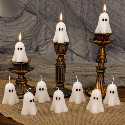 EBaokuup 6 PCS 2.3'' X 1.6'' Halloween Ghost Candles, White Ghost Decor Candles, Cute Burning Candle for Halloween Party Home and Table Decorations