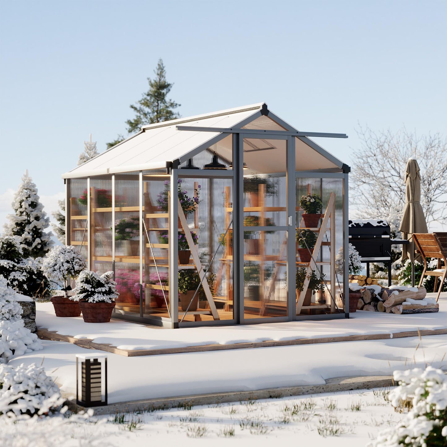 Garvee 6x8ft Greenhouse, Large Walk-in Greenhouse for Outdoors with Roof Vent & Lockable Smooth-Gliding Sliding Door, Heavy Duty Aluminum Frame Polycarbonate Green House for Garden,Backyard,Lawn,Grey