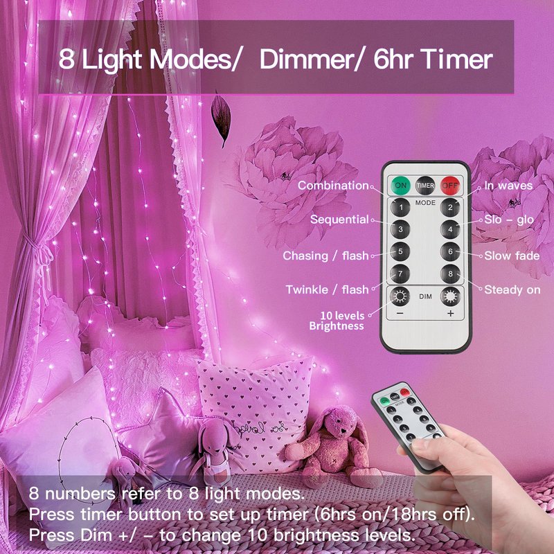 suddus Pink Fairy Lights Battery Operated Outdoor Waterproof, 33ft 100 Led String Lights with Remote, Twinkle Lights for Bedroom, Dorm, Tapestry, Christmas, Party Decorations