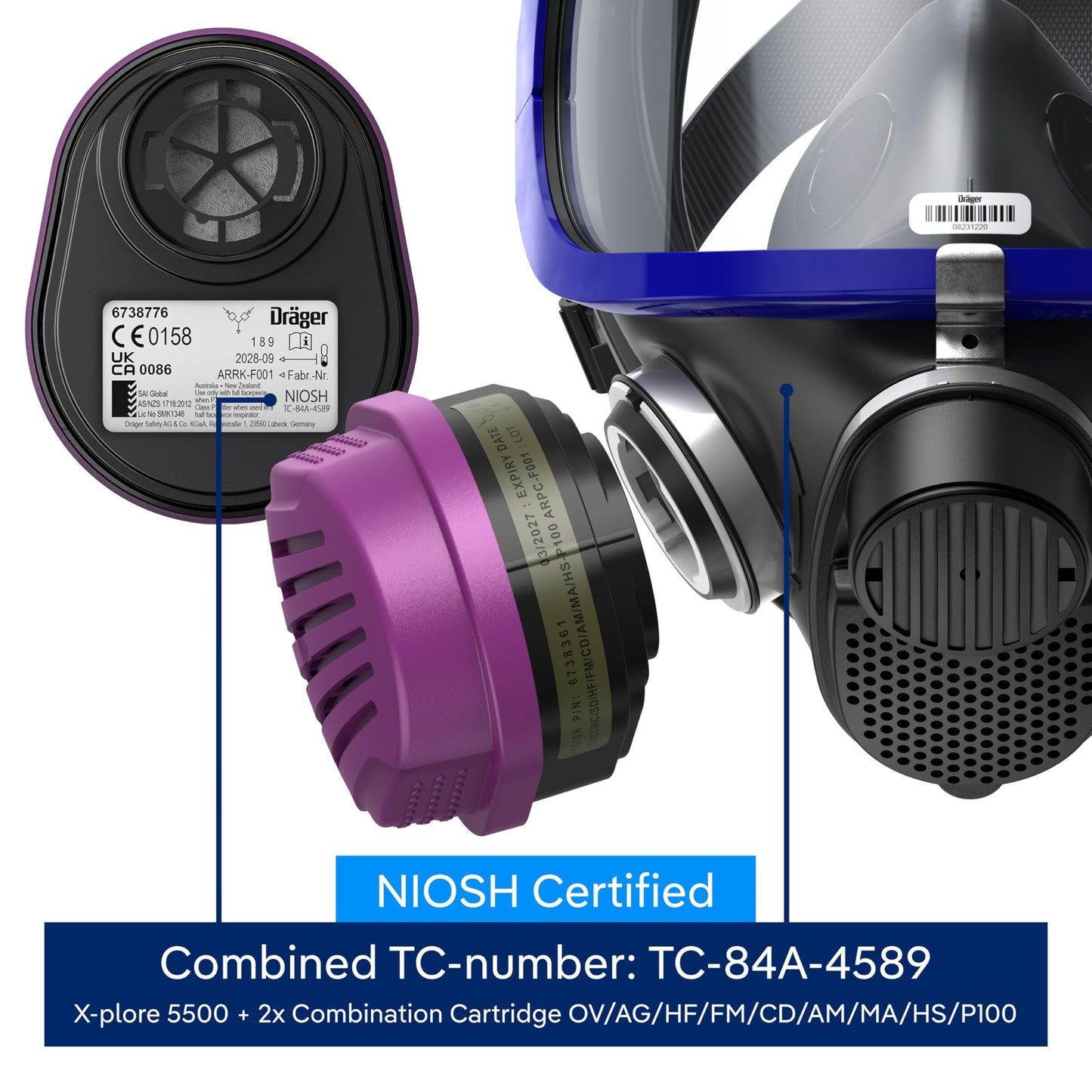 Dräger X-plore 5500 Full-Face Respirator Mask + 2x Combination Cartridge OV/AG/HF/FM/CD/AM/MA/HS/P100 | One size fits most | NIOSH Certified Eye and Respiratory Protection, Anti-Fog, 180° View
