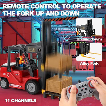 RC Forklift with Trailer Kids Forklift Construction Toys Set with Lift Fork &amp Hook &amp Flatbed 11 Channel Kids Forklift Toy with Light &amp Sound &amp Spray Gift for Kids 6+ (Red)
