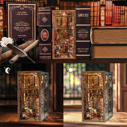 Book Nook Library Kit DIY Miniature Dollhouse Booknook Kit 3D Wooden Puzzle Bookend Bookshelf with LED Light for Adults Teens (Abbey Library)