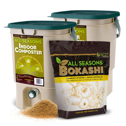 All Seasons Indoor Composter Starter Kit - Two Family-Sized Composting Bins for Kitchen Countertop and Bokashi Bran Starter 5 lb (2 gallons), Easily Compost Food After Every Meal, Odor Free