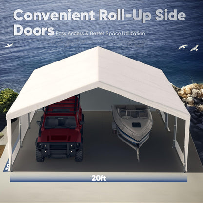 Quictent 20x20 ft Heavy Duty 2 Car Carport, Waterproof Storage Shelter with Zipper Side Doors, Snowproof Steel Cables & Ventilated Windows, Outdoor Garage for Car, White
