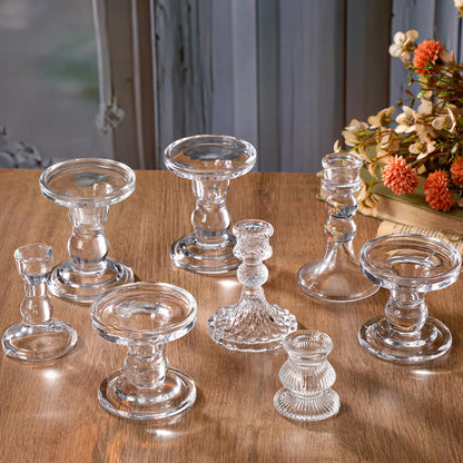 Potchen 8 Pieces Glass Taper Candle Holders Clear Short Stripe Taper Candlestick Holders Bulk Elegant Glass Candle for Table Centerpiece Wedding Christmas Party Decor Festival Home Decoration