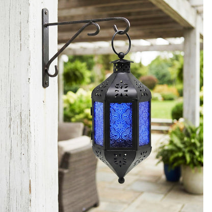 Vela Lanterns Hanging Moroccan Lamp - Exotic Decorative Patio & Porch Decor, Indoor Outdoor Tea Light Candle Lantern Holder with Chain (11" Medium, Cobalt Blue Glass)
