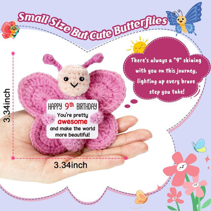 Weming Pink Crochet Butterfly 9th Birthday Gift, Handmade 4" Amigurumi Plush with “Happy 9th Birthday” Sign, Cute Small Stuffed Butterfly for Girls Daughter Granddaughter Tween Desk Decor