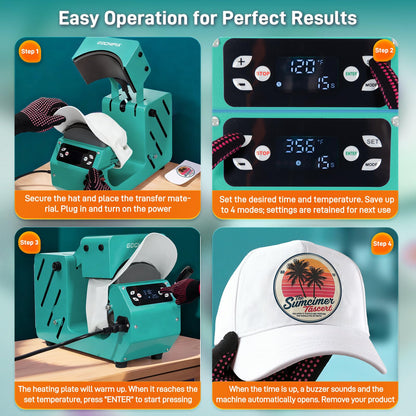 Auto Hat Heat Press Machine, Automatic Open/Release, 4 Memory Modes, Precise Temp/Timer Control, 6.54"x3.84"Curved Heat Plate, Hat Stretcher, for Caps, Sublimation, Vinyl, Heat Transfer