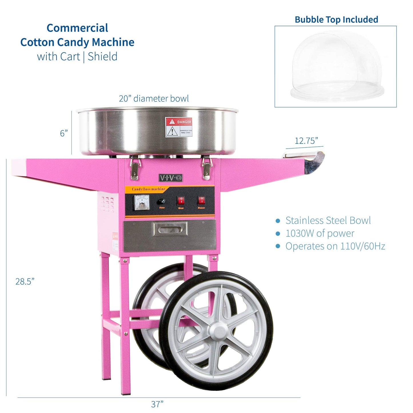 VIVO Pink 1030W Electric Cotton Candy Machine Cart, Mobile Rolling Candy Floss Maker, 20 inch Stainless Steel Bowl, Bubble Shield Cover Sugar Scoop and Drawer, Easy Home or Commercial Use, CANDY-KIT-2