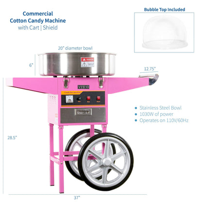 VIVO Pink 1030W Electric Cotton Candy Machine Cart, Mobile Rolling Candy Floss Maker, 20 inch Stainless Steel Bowl, Bubble Shield Cover Sugar Scoop and Drawer, Easy Home or Commercial Use, CANDY-KIT-2
