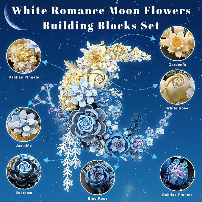 Blue Moon Flower Building Set Botanical Collection Crescent-Shaped Artificial Flowers Building Blocks Kit Compatible with Lego for Adults Home Décor Wall Art Decoration