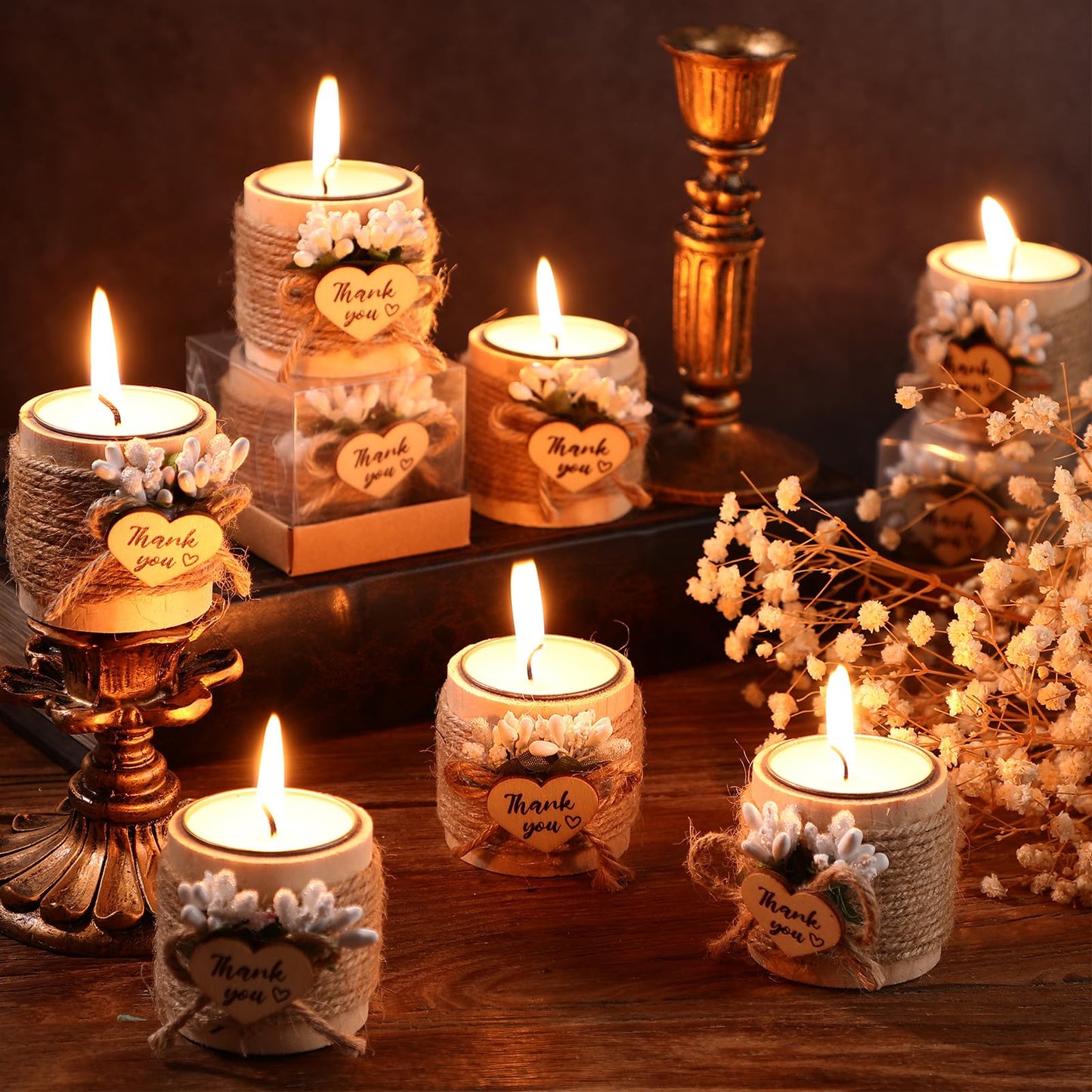 Retisee Wedding Candle Favors for Guests Bridal Shower Wood Memorial Tealight Candle Holder Thank You Gifts Handmade Candles for Wedding Baby Shower Housewarming Table Centerpiece(16 Sets)