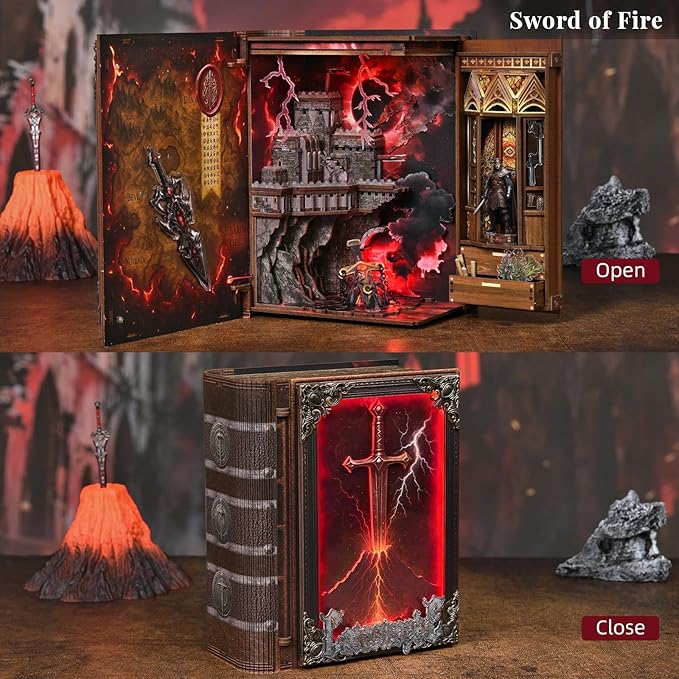 Book Nook Kit - DIY Miniature House Kit for Adults Teens Dollhouse Magic Booknook Tiny House Bookshelf Decor Gifts for Family Friends (Sword of Fire)