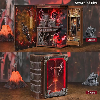 Book Nook Kit with LED Light Miniature House Kit for Birthday 3D Wooden Bookends Puzzle Bookshelf Decor for Adults Teens Beginners (The Sword of Fire)