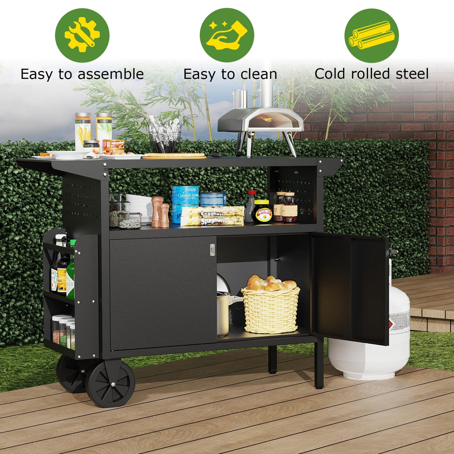 Eltean Grill Table,Outdoor Grill Cart with Storage,Outdoor Kitchen Island with Wheels,Foldable Tabletop for Prep,Patio BBQ(Metal)