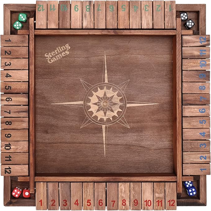 Sterling Games 12 Inches Shut The Box Game for 4 Players Family Dice Game with 12 Numbers Box Nautical Themed Large Wooden Game Board