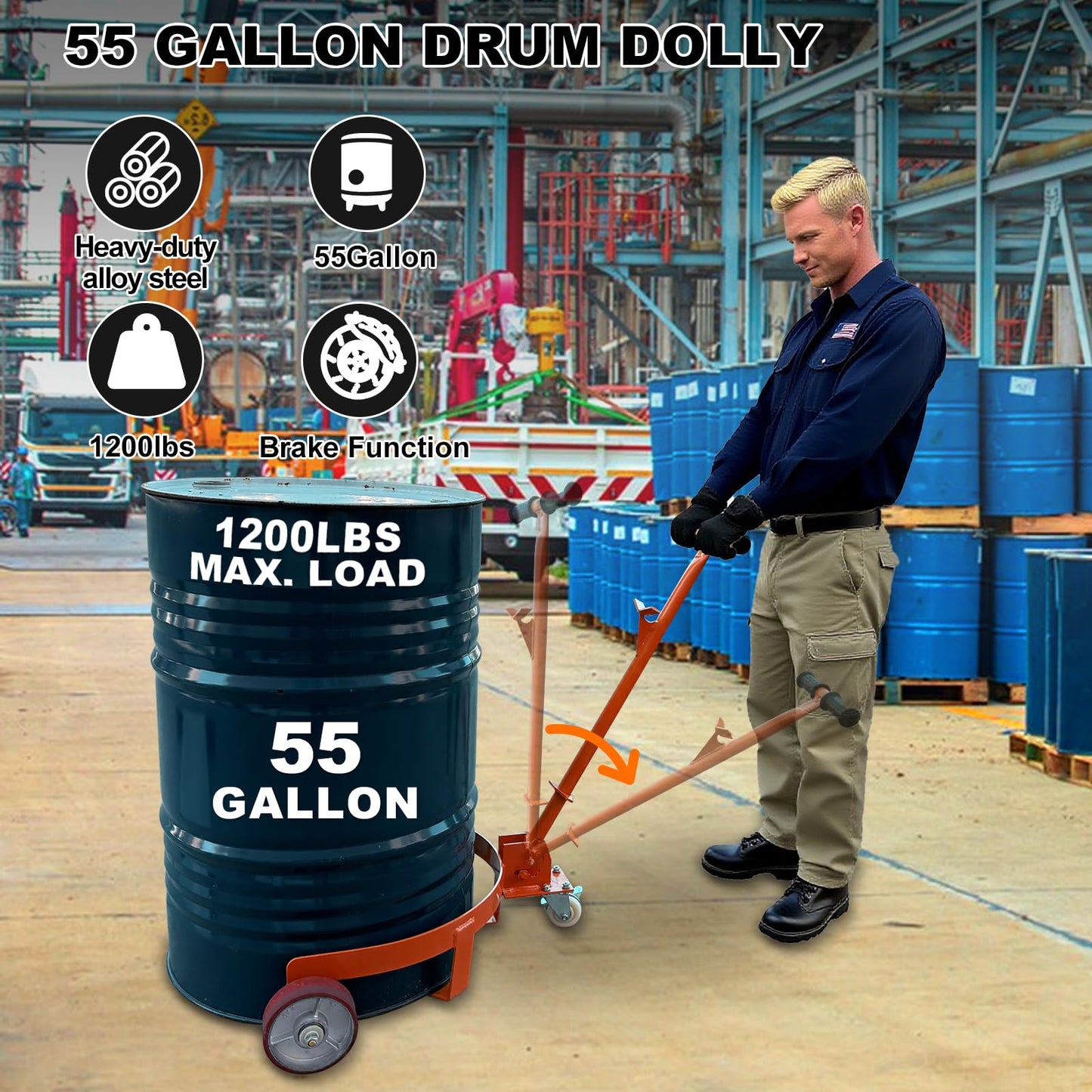 55 Gallon Drum Dolly Heavy Duty, 1200 lbs Capacity Barrel Cart with Adjustable Handle & Locking Caster, Low Profile Steel Drum Truck for Industrial, Warehouse, Workshop Use-Orange