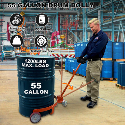 55 Gallon Drum Dolly Heavy Duty, 1200 lbs Capacity Barrel Cart with Adjustable Handle & Locking Caster, Low Profile Steel Drum Truck for Industrial, Warehouse, Workshop Use-Orange