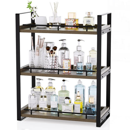 CeleVista Bathroom Counter Organizer, 3 Tier Wood Countertop Shelf for Vanity, Skincare, Makeup, Kitchen Coffee and Sink Storage, with Durable Metal Bracket (Dark Brown)