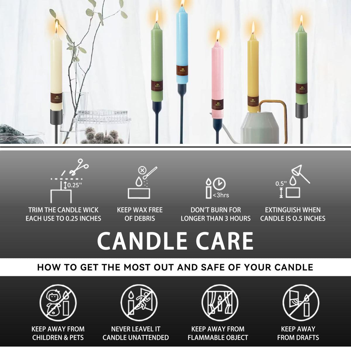 Black Halloween Taper Candles 4 Pack Hand-Poured 9 Inch Unscented Long Tapered Candles for Spooky Decor, Haunted Houses & Gothic Weddings - Clean Burning, Smokeless & Odorless