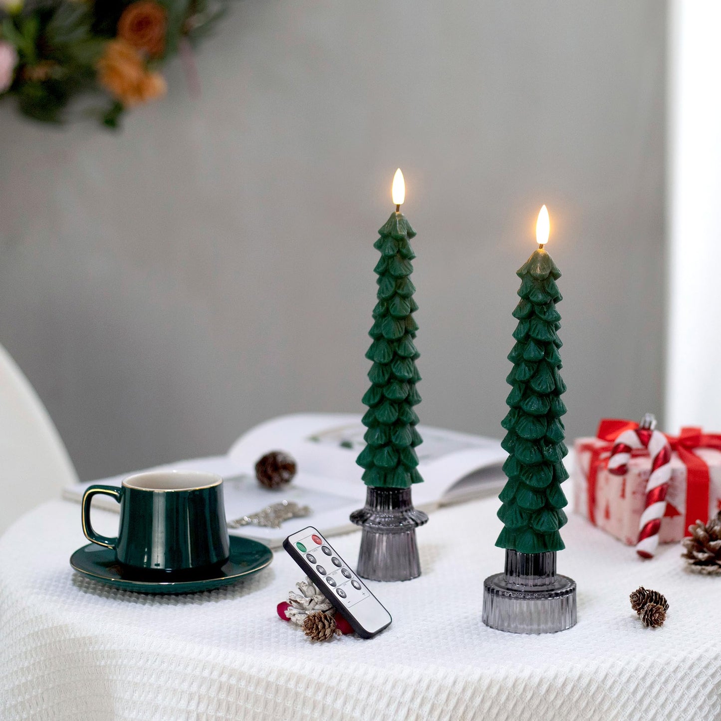 Stmarry 4 PCS Flameless Christmas Tree Candles with Remote Timer, Real Wax Flameless Taper Candles 9.65 Inch, LED Candlesticks with 3D Flickering Flame, Christmas Decor Candles Battery Operated