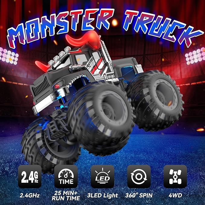Remote Control Car 2.4GHz Monster Trucks Toys with Light Spray Birthday Gift for Kids 3 4 5 6 7 8 All Terrain RC Cars Toddler Toys for Boys Girls 3+ Year Old (Bull)