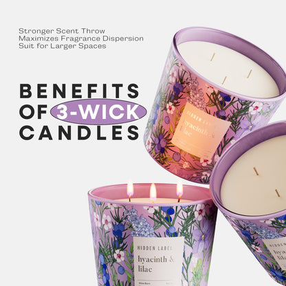 Hidden Label Large Soy Candle, Hyacinth Lilac Scented, 3 Wick 30oz, 100Hr Burn, Natural Non-Toxic Aromatherapy Stress Relief, Home Scent, Spa