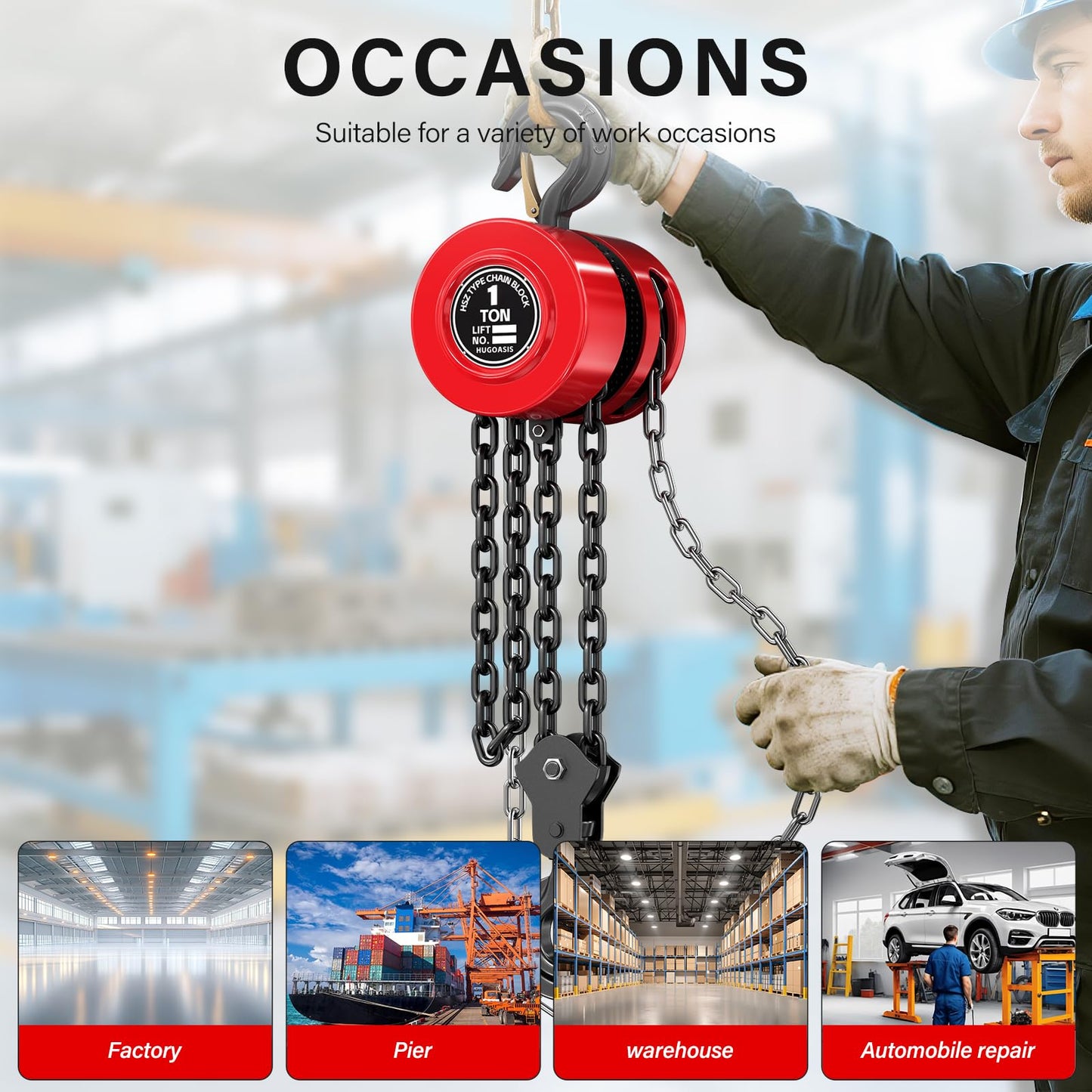 HUGOASIS Hand Chain Hoist 1Ton 2200lbs Capacity 10ft Lift,G80 Galvanized Steel Manual Chain Fall with 2 Heavy Duty Hooks for Warehouse Automotive Building,Red