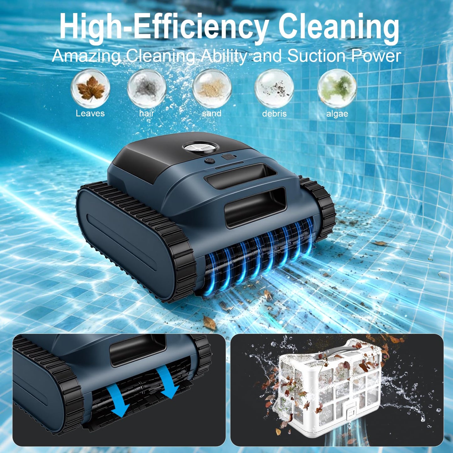 CZYBYTE Cordless Robotic Pool Vacuum Cleaner, Intelligent Route Planning, Wall & Waterline Climbing, 120-Min Runtime, for Above Ground/Inground Pools up to 2000 sq. ft, APP Support,White