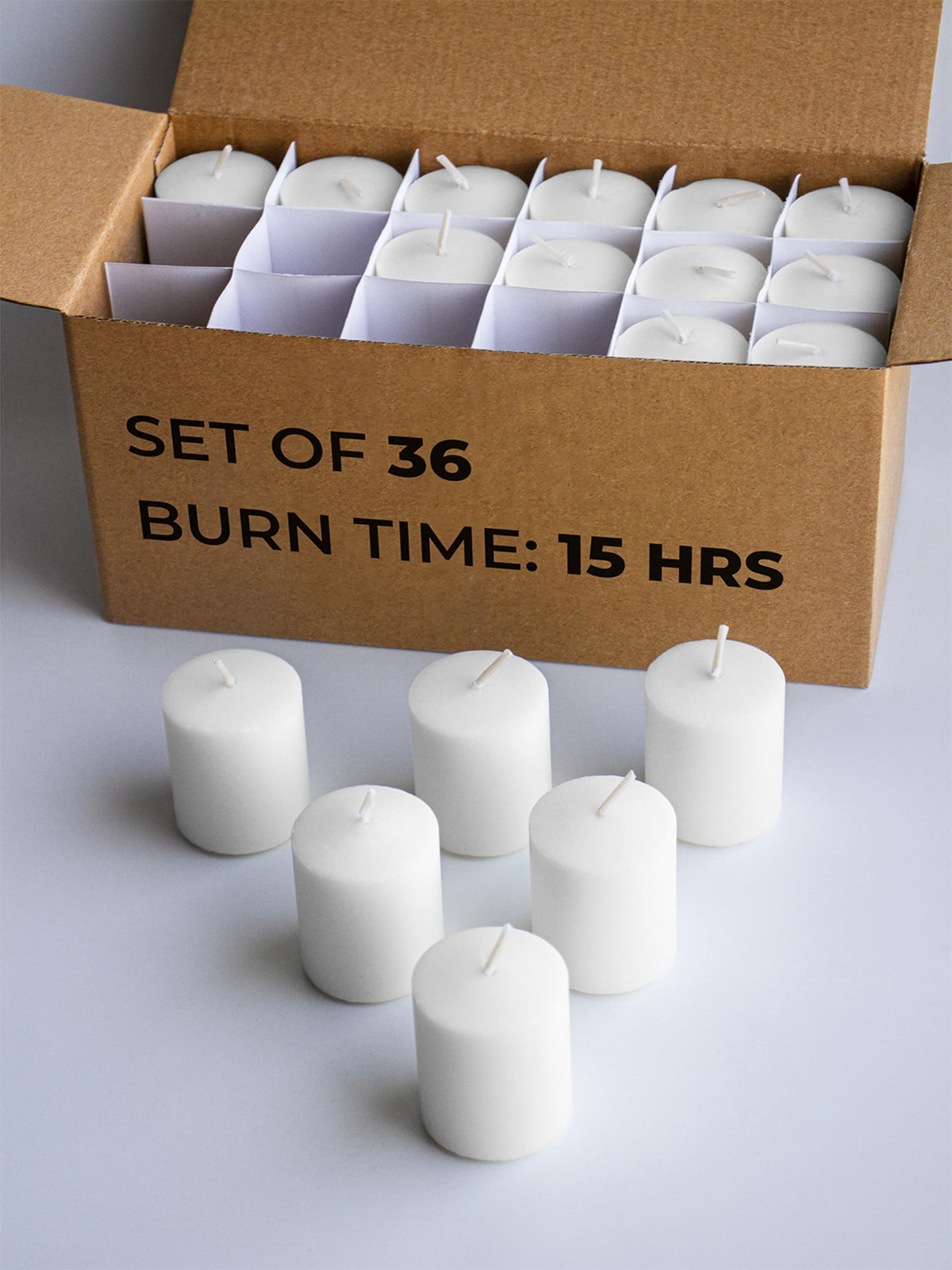 CANDWAX Unscented White Votive Candles Set of 36 - Clean-Burning, Long-Lasting 15 Hour Burn - Ideal for Weddings, Home Décor, Spa, Events - Bulk Value for Versatile Use