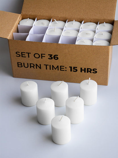 CANDWAX Unscented White Votive Candles Set of 36 - Clean-Burning, Long-Lasting 15 Hour Burn - Ideal for Weddings, Home Décor, Spa, Events - Bulk Value for Versatile Use