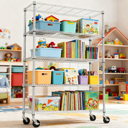 M MZG 1750LBS 47.2" W 5 Tiers Storage Shelves Metal Shelving Unit with Wheels Heavy Duty Garage Shelving Adjustable Wire Shelves for Pantry,Kitchen,Garage,Basement,Chrome 17.7" D x 47.2" W x 76.8" H
