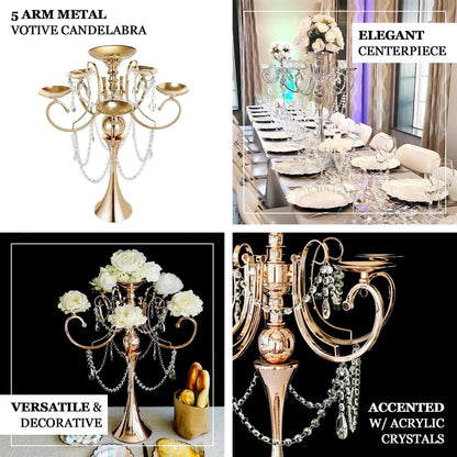 Efavormart 27" Gold Metal 5 Arm Candelabra Votive Candle Holder with Hanging Crystal Drops