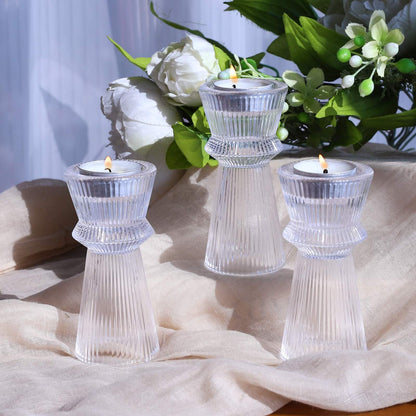 VOHO Clear Ribbed Taper Candle Holders Set of 3, Minimalist Style Glass Candle Holder for Candlesticks and Tealight Candles, Classy Candlestick Holders for Bridal Shower Wedding Decor/Birthday/Holiday