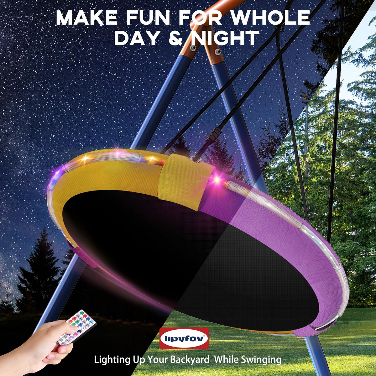 4-in-1 Swing Sets with Stand for Backyard, 440lbs Outdoor Saucer Swing Set for Kids, Heavy-Duty A-Frame Metal Playset for Playground, 32 inch Saucer, Belt Swing, Basketball Hoop, Led Light & Anchors