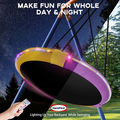 4-in-1 Swing Sets with Stand for Backyard, 440lbs Outdoor Saucer Swing Set for Kids, Heavy-Duty A-Frame Metal Playset for Playground, 32 inch Saucer, Belt Swing, Basketball Hoop, Led Light & Anchors