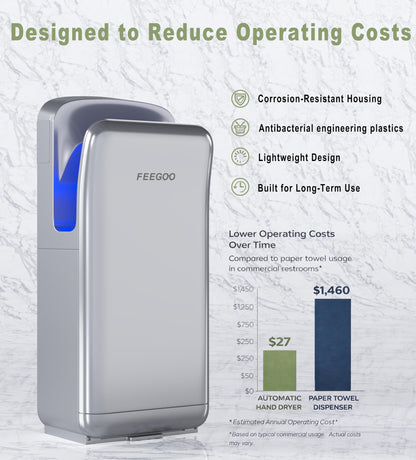 FEEGOO Commercial Vertical Hand Dryer – High-Speed Drying with HEPA Filtration & Stable Operation for Offices, Restrooms & High-Traffic Facilities,Silver