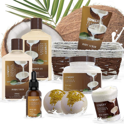 Gifts For Women Gift Basket for Women– Mothers Day Gifts for Mom, 9 Piece Set of Vanilla Coconut Home Spa Set, Luxurious Bath and Body Set, Includes Fragrant Lotions, Large Bath Bombs, Coconut Oil