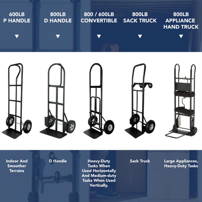 Olympia Tools 800 Lb Sack Hand Truck with Folding Nose, D Handle and 10" Pneumatic Wheels for Home and Office Use