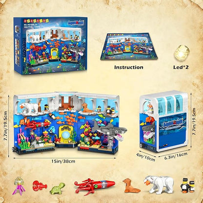 HOGOKIDS Aquarium Book Nook Building Set with Lights - Booknook Fish Building Toy for Bookshelf Home Decor 1064PCS Movable Shark Ocean Polar Animals Blocks Bookend Kit for Adults Teens Boys Girls 8+