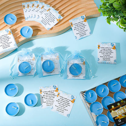 Amyhill 100 Set Bear Baby Shower Party Favors Gift Includes Unscented Blue Tealight Candles Gender Neutral Gift Candles Baby Shower Cards and Organza Bags for Guests Friend Gender Reveal Party