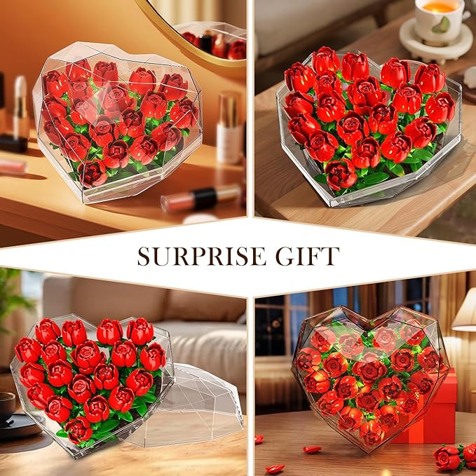 Flower Bouquet Building Set with LED Lights - 19 Rose Red Botanical Collection Block Toy with Heart Shaped Cover for Adult Her Lover Wife Women Girls 8-12+