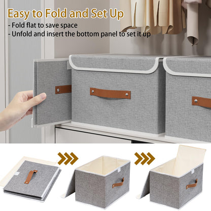 Yawinhe Collapsible Storage Bin, Cube Organizer Basket, Fabric Box with Lids, Washable and Leather Handle, for Home, Closet, Grey, 15.0''Lx9.8''Wx9.8''H, 5-Pack, USNK024GL-5